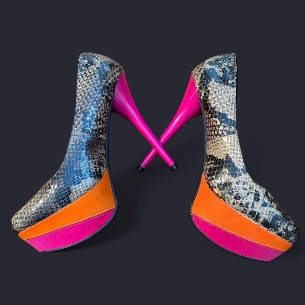 VTG Y2K Qupid Snakeskin Platform Pumps Neon Pink Orange Colorblock Stiletto Heel